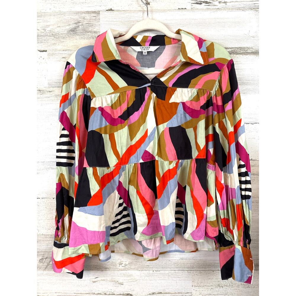 Crosby By Mollie Burch Womens XS Multicolor Abstract Cotton Stretch Blouse Top